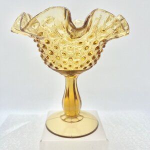Vintage Amber Glass Compote Hobnail Bowl Crimped Ruffled Edge Pedestal Base